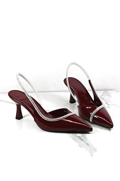 Everest Kadın Bordo Rugan Stiletto Arkası Açık Taşlı Topuklu Ayakkabı