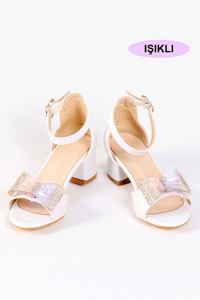 NS Little Girl's Heeled Shoes, Girl's Evening Dress Shoes, Light, Bow, Stone Detail