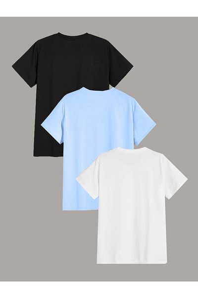CLAYES 3-Piece Design Printed Combination - Black, Baby Blue and White Oversize Crew Neck T-shirt