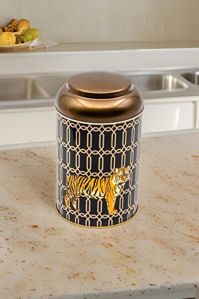 Hesaplı Kasa Tiger Desenli Yuvarlak Metal Saklama Kabı, 10,5 x 15 cm, 1,1 lt