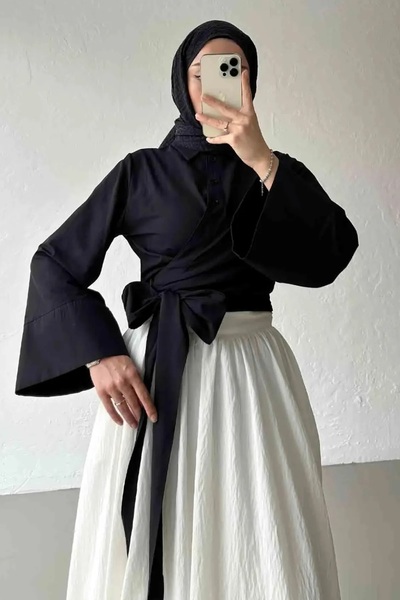 GALAVİP Kadın Tesettüre Uygun İspanyol Kol Belden Bağlamalı Gömlek Siyah