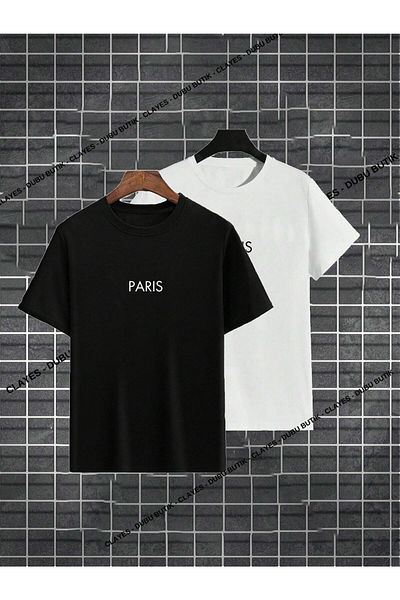 DUBU BUTİK Pack of 2 Paris T-shirt - Black and White Printed Oversize Crew Neck Short Sleeve T-Shirt