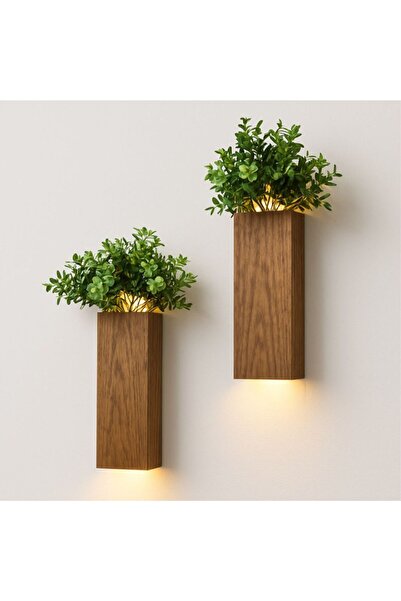 NONYA AHŞAP GERÇEK AĞAÇ ÇİÇEKLİK IŞIKLI PİLLİ YAPAY ÇİÇEKLİ DEKORATİF 2 Lİ SET OKALİPTUS