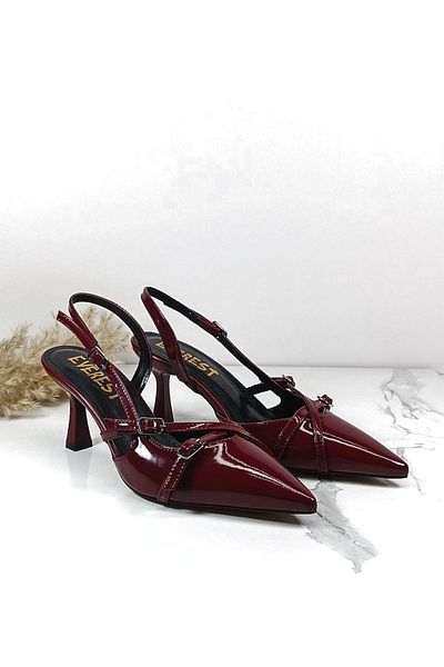 Everest Pantofi cu toc cu cataramă cu vârf subțire din piele lăcuită de damă Bordeaux 7 cm