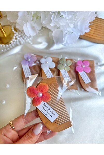 Gami Handmade Ortanca Çiçek Süslemeli Ahşap Tarak -Söz, Nişan, Kına, Doğum He...