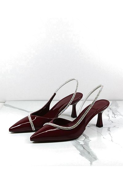 Everest Women's Burgundy Patent Leather Stiletto Open Back Stone Heeled Shoes