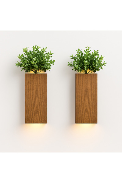 NONYA AHŞAP GERÇEK AĞAÇ ÇİÇEKLİK IŞIKLI PİLLİ YAPAY ÇİÇEKLİ DEKORATİF 2 Lİ SET OKALİPTUS