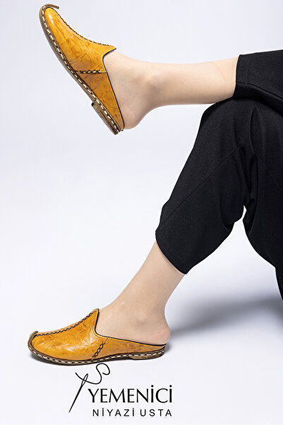 YEMENİCİ NİYAZİ USTA Kadın Hakiki Deri El Yapımı Hardal Sarısı Terlik - Geleneksel & Rahat Günlük Yemeni Terlik - Yazlık