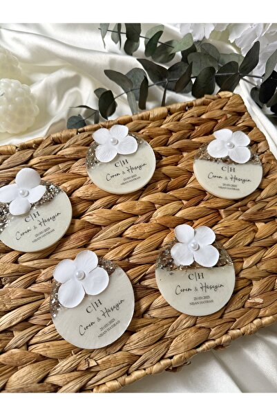 Gami Handmade Ortanca Çiçek Detaylı İncili Gümüş Magnet - Söz, Nişan, Nikah, Kına Hediyelik - 15 Adet