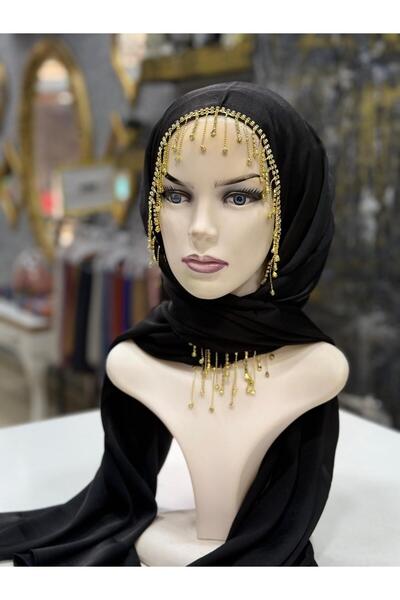 zagreus Kadın sıyah saten  golt saçaklı taşlı şal çok terçih edilen ürünümüz