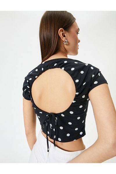 Koton New Season Low Back Polka Dot T-Shirt Crop Bow Detail