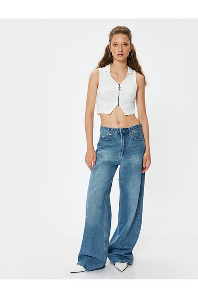 Koton New Season Crop Top Polo Neck Zipper Detailed Sleeveless Slim Fit