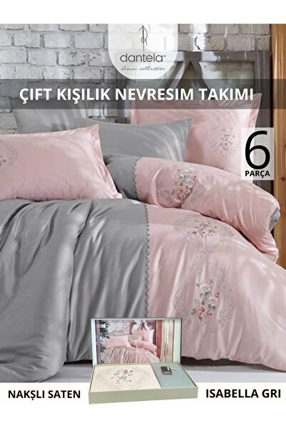 Dantela Isabella gri Nakışlı Pamuk Saten Nevresim Takımı 6 parca
