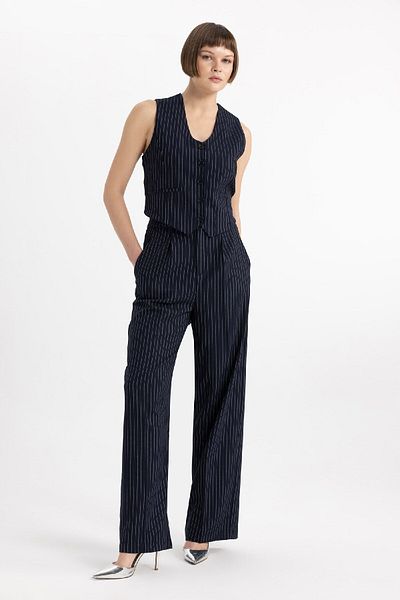 DeFacto High Waist Navy Blue Trousers - Wide Loose Leg with Straight Pockets C2022Ax24Sp