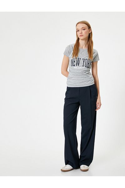 Koton New Season College T-Shirt Printed Double Breasted Collar Gather Detail Slim Fit Viscose