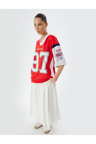 Koton New Season Oversize T-Shirt V-Neck Back College Printed Short Sleeve Mesh Detail