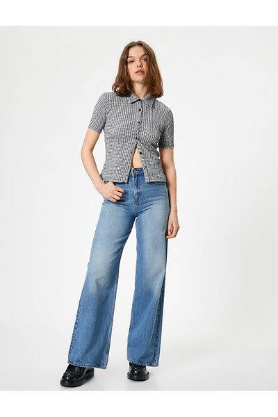 Koton New Season Bürümcük T-Shirt Shirt Collar Buttoned Short Sleeve Checkered