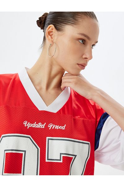 Koton New Season Oversize T-Shirt V-Neck Back College Printed Short Sleeve Mesh Detail