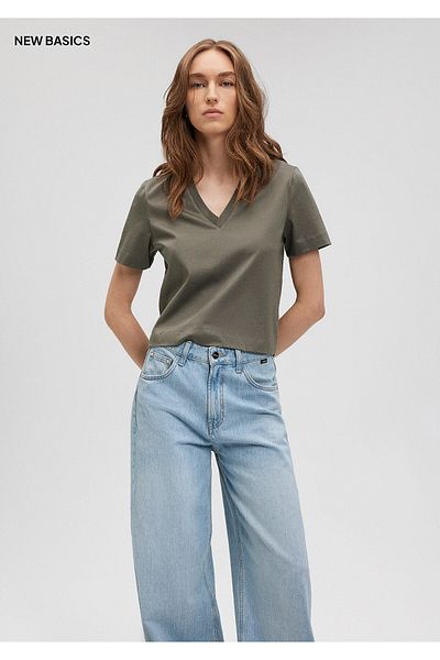Mavi Green V-Neck Mercerized Cotton T-Shirt - Regular Fit 1612701 -86961