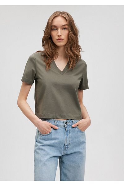 Mavi Green V-Neck Mercerized Cotton T-Shirt - Regular Fit 1612701 -86961