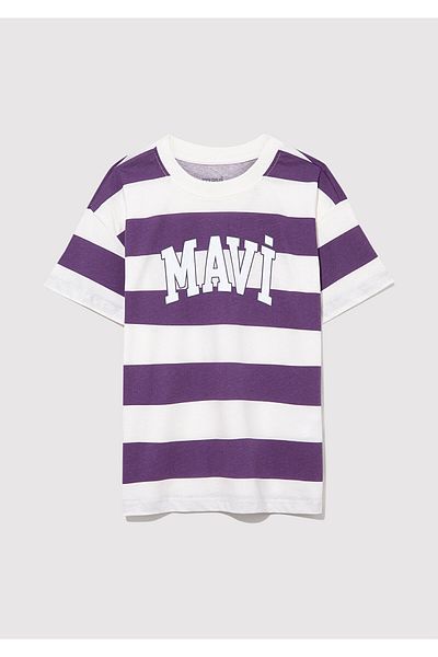 Mavi Tricou cu dungi violet cu imprimeu cu logo Loose Fit / Loose Relaxed Fit 7610191 -88138