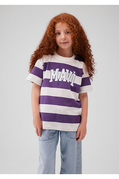Mavi Tricou cu dungi violet cu imprimeu cu logo Loose Fit / Loose Relaxed Fit 7610191 -88138