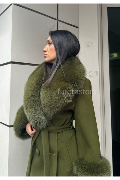 Furora Store Kaşmir Kadın Palto- Kürklü Kaşmir Ceket- Uzun kadın Kürklü Ceket