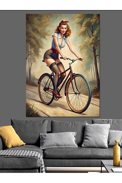 Tablomega Pânză Decorativă Bicicletă și Femeie - Lemn MDF