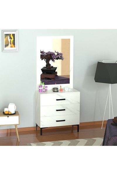 Mahmayi Dresser with Large Vanity Mirror and 3 Storage Drawers - White Levonto Marble