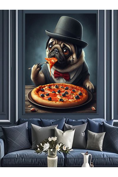 Tablomega Pug Dog Munching Pizza Canvas Decorativ - Lemn MDF Pictat