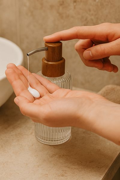 Mirilliahome Γυάλινος διανομέας υγρού σαπουνιού με καπάκι ακακίας – Κομψός διανομέας σαπουνιού μπάνιου και κουζίνας