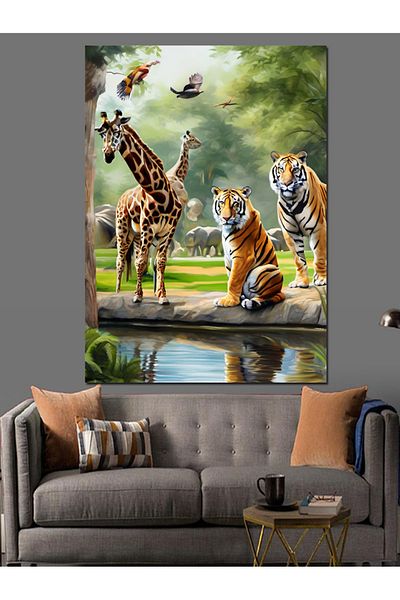 Tablomega Pânză decorativă Girafe și Tigră - Lemn MDF