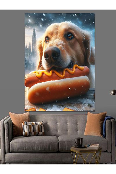 Tablomega Câinele care mănâncă hotdog Pânză decorativă - Lemn MDF