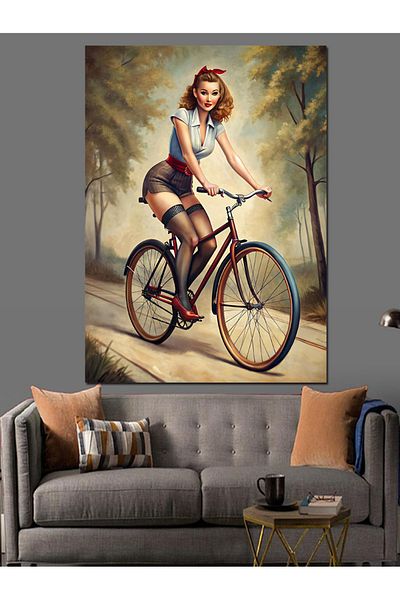 Tablomega Pânză Decorativă Bicicletă și Femeie - Lemn MDF