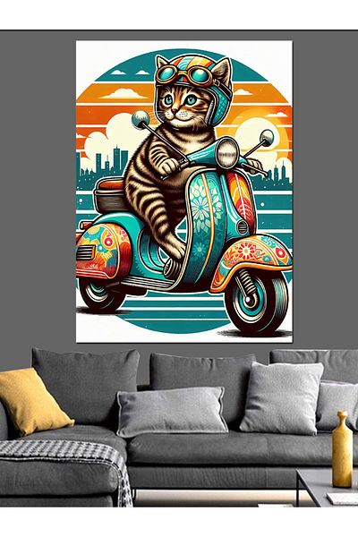 Tablomega Pânză decorativă Pisica care conduce motocicletă - Lemn MDF