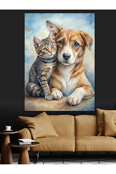 ekart Kedi ve Köpek dostluğu Dekoratif Kanvas - Mdf Ahşap Tablo