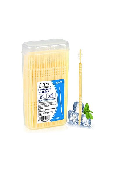 COOYA 2-in-1 Double Head Interdental Toothpick Brush, Plastic Dental Floss Picks - 100 Pcs/Box, Yellow
