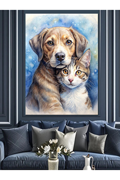 ekart Köpek ve kedi pozu Dekoratif Kanvas - Mdf Ahşap Tablo