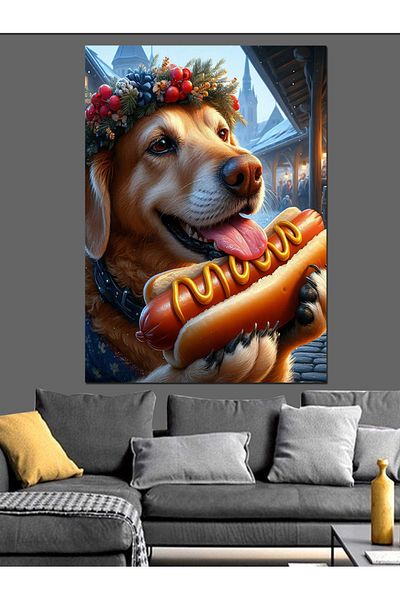 Tablomega Câinele care mănâncă hotdog Pânză decorativă - Lemn MDF