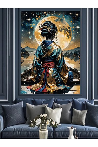 Tablomega Pânză decorativă pentru femei cu lună plină și japoneză - Lemn MDF