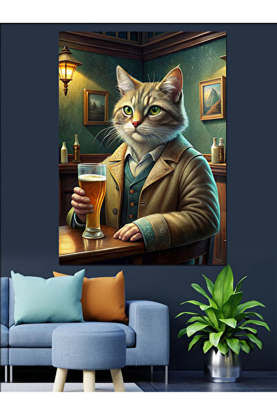 ekart Bar Taburesindeki Kedi Dekoratif Kanvas - Mdf Ahşap Tablo