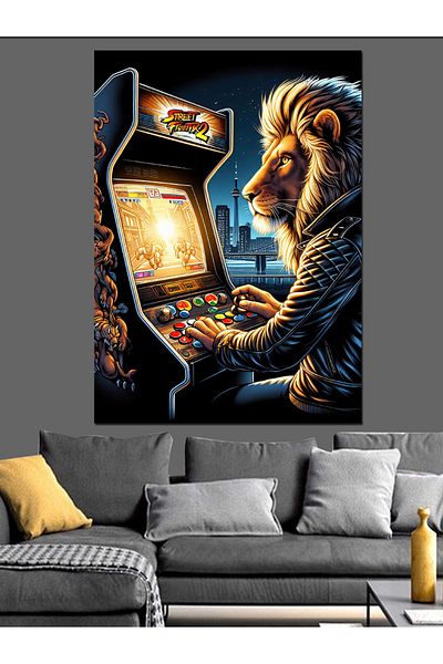 Tablomega Lion Playing Atari Canvas Decorativ - MDF Lemn