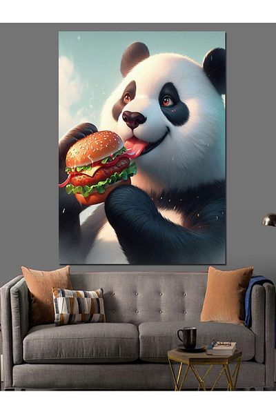 Tablomega Χαριτωμένο Panda που τρώει χάμπουργκερ Διακοσμητικός καμβάς - Ξύλινος πίνακας MDF
