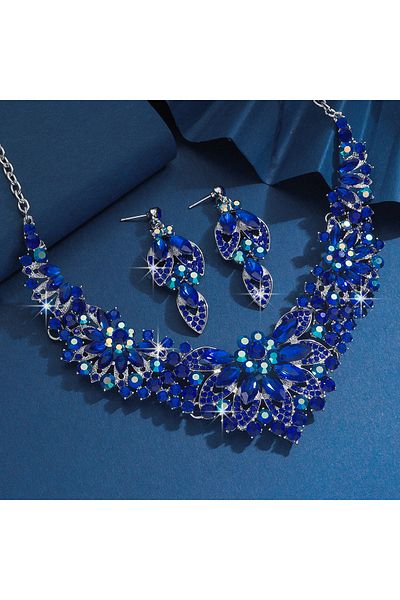 Choice 808344-Blue 3PC Women's Wedding Season Fashion Luxury Flower Necklace Earrings Jewelry Set Suitable
