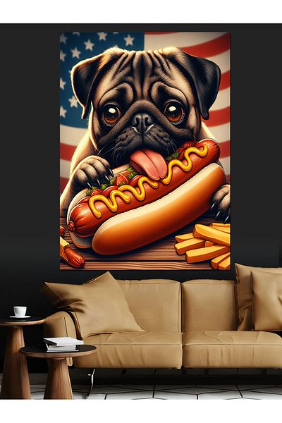 Tablomega Câinele care mănâncă hotdog Pânză decorativă - Lemn MDF