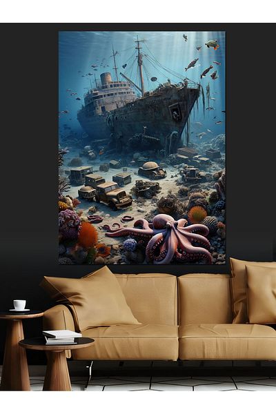 Tablomega Navă adâncită și creaturi marine Pânză decorativă - Lemn MDF