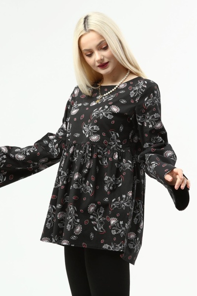 LadyMina Pijama Ladymina Çiçek Desenli Gömlek Siyah