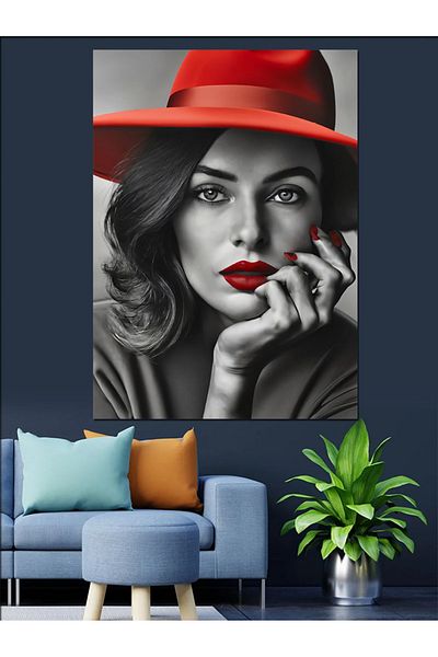 Tablomega Pânză Decorativă Femeie Pălărie Roșie - Lemn MDF