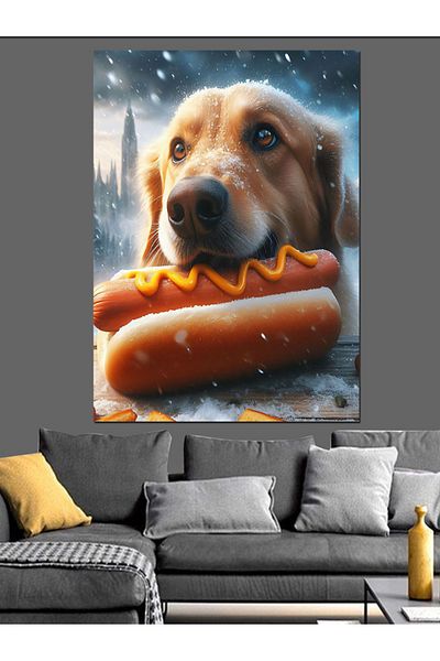 Tablomega Câinele care mănâncă hotdog Pânză decorativă - Lemn MDF