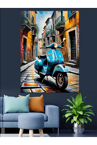 Tablomega Pânză Decorativă Retro Albastru și Scooter Motocicletă - Lemn MDF
